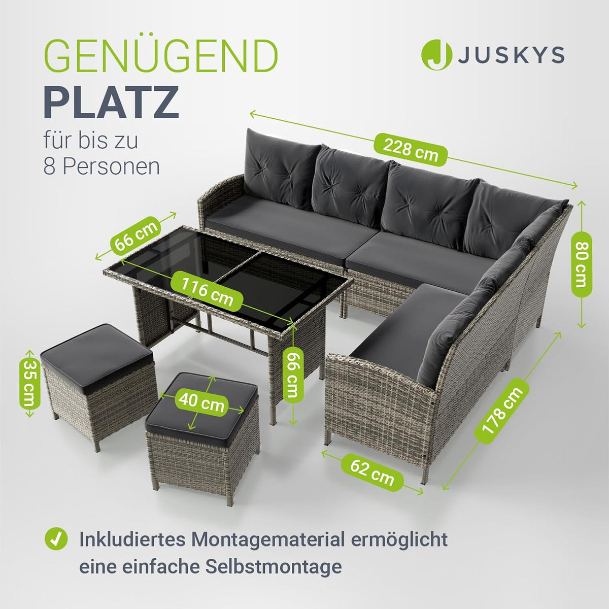 Juskys Gartenlounge Polyrattan Grau, Ecksofa mit Tisch & 2 Hockern, Gartenmöbel Set für 7 Personen, wetterfest