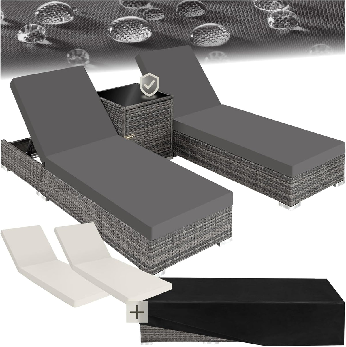 tectake 2er Gartenliegen Set mit Tisch – Polyrattan Sonnenliegen aus Aluminium, 5-fach verstellbar, mit Schutzhüllen