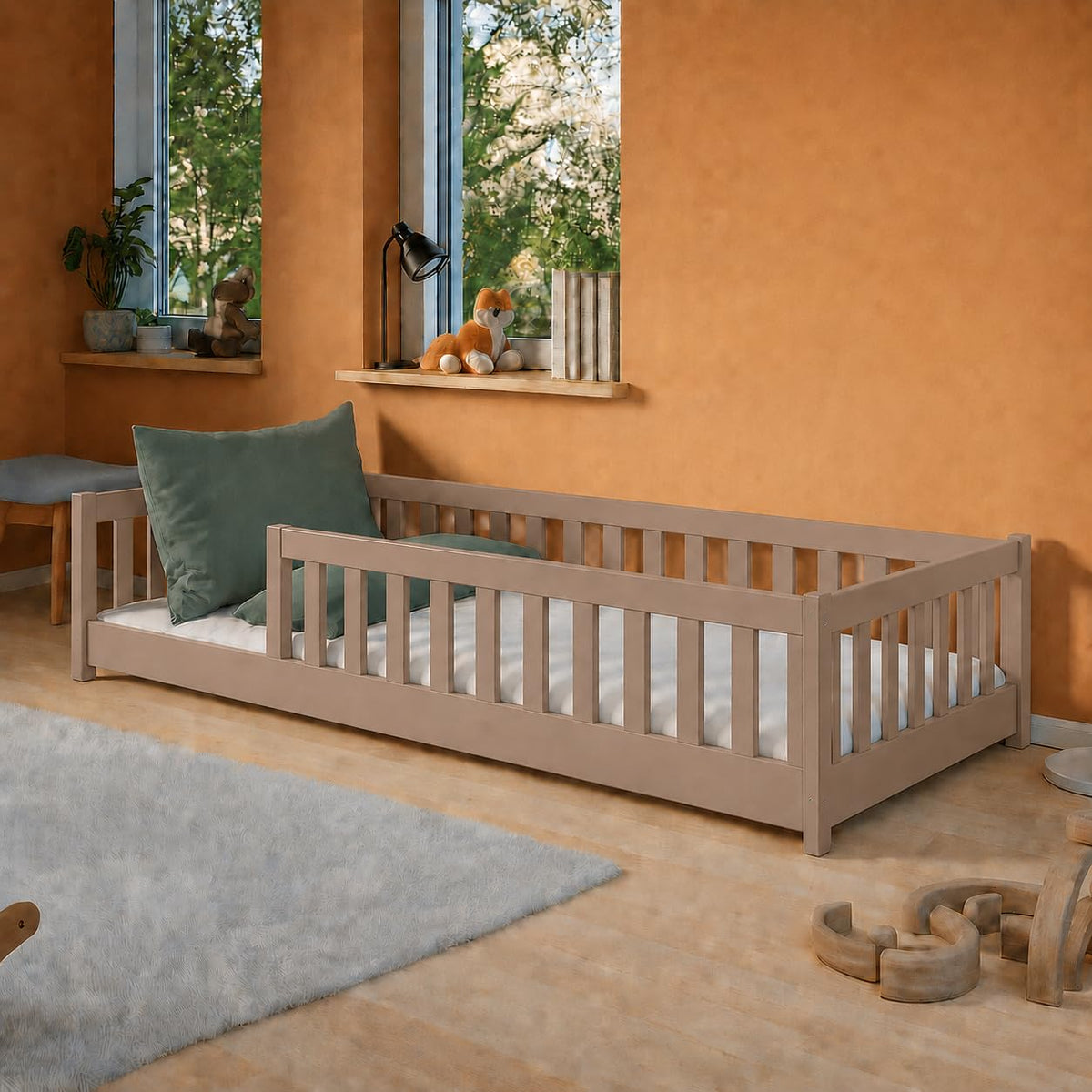 Kids Collective Kinderbett Bodenbett 120x200 cm Bett mit Rausfallschutz & Lattenrost Montessori Bett Bed Gitterbett Kinder Jugendbett Einzelbett |