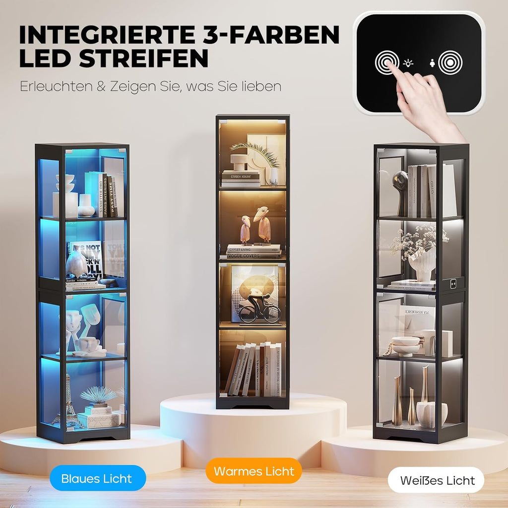 BROTTAR Glasvitrine mit Dreifarbig LED Beleuchtung und Glastüren, Glasvitrine Stehend mit Körpersensor-System, Sammlervitrine für Wohnzimmer, Büro