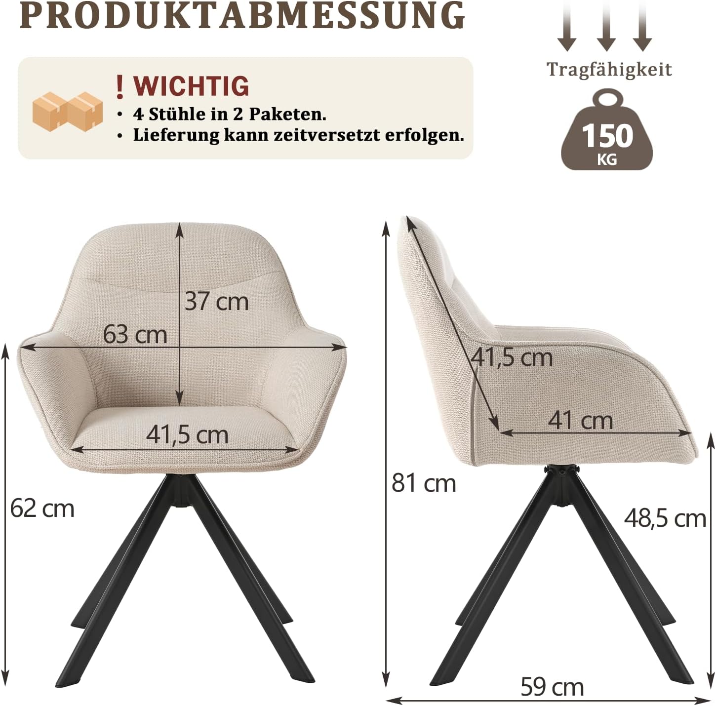 Esszimmerstühle Drehbar 4er Set mit Armlehne, 360° drehbar, Polsterstuhl Leinen, Drehstuhl Esszimmer Beige, Küchenstuhl mit Metallbeine für