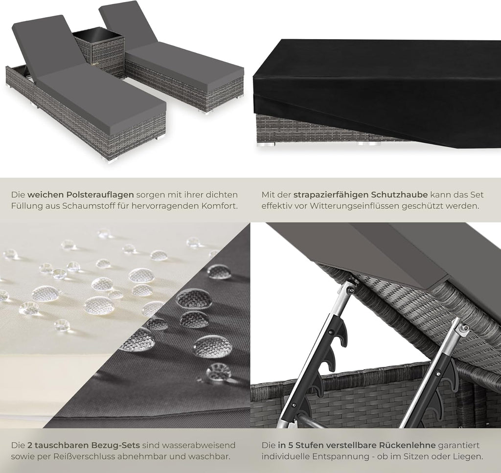 tectake 2er Gartenliegen Set mit Tisch – Polyrattan Sonnenliegen aus Aluminium, 5-fach verstellbar, mit Schutzhüllen