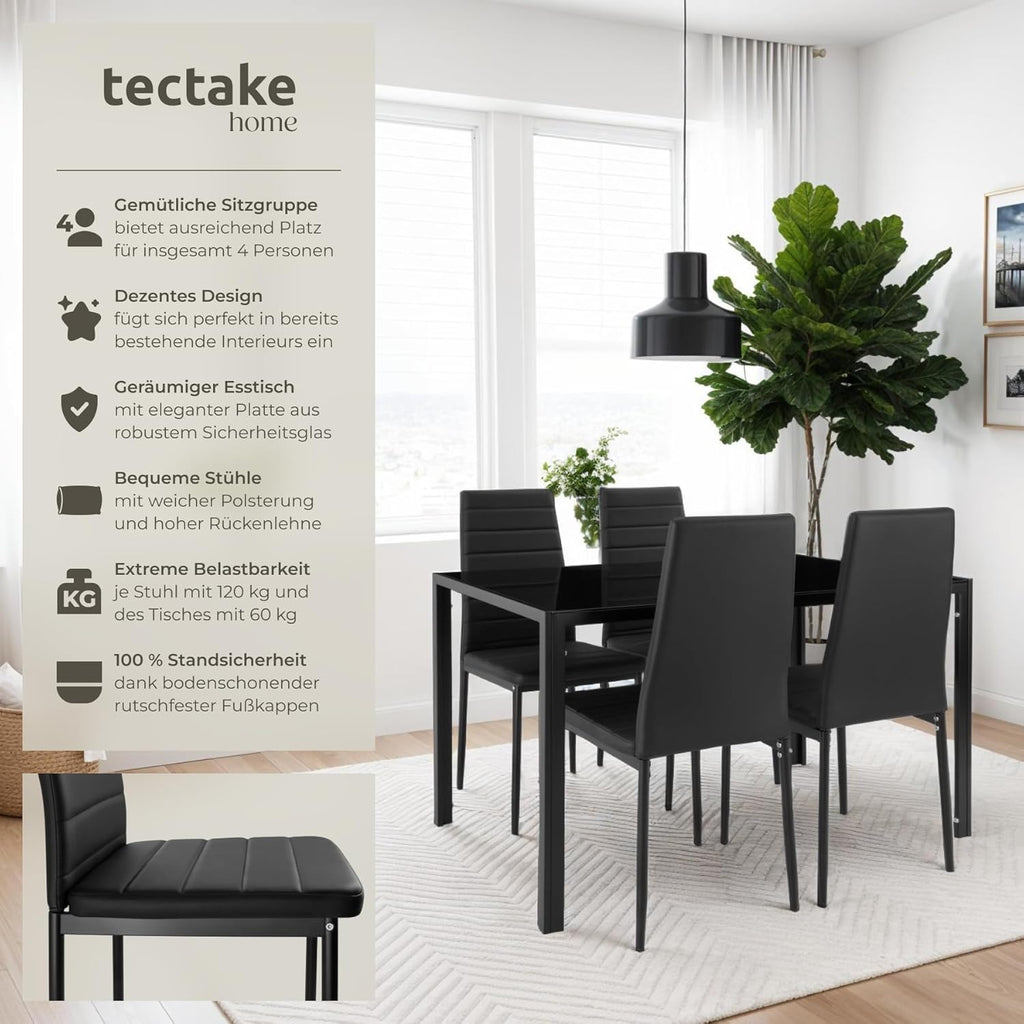 tectake Essgruppe Set Tisch und Stühle, Esstisch und 4X Stuhl, strapazierfähiges Kunstleder, Tischplatte aus Sicherheitsglas, Küchenstühle modern