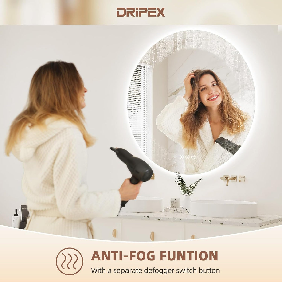 Dripex Badezimmerspiegel Led Badspiegel Rund, Touch-Schalter, Dimmbar, 3 Lichtfarbe Einstellbare Spiegel Bad mit Beleuchtung, LED Wandspiegel mit