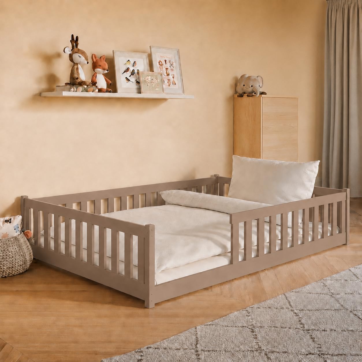 Kids Collective Kinderbett Bodenbett 120x200 cm Bett mit Rausfallschutz & Lattenrost Montessori Bett Bed Gitterbett Kinder Jugendbett Einzelbett |