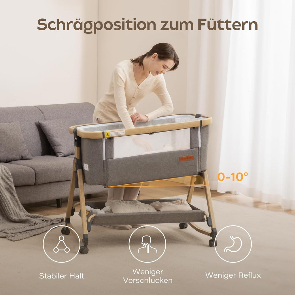 Maydolly 3-in-1 Beistellbett Baby Grau mit Matratze, höhenverstellbares Babybett mit Rollen & Moskitonetz