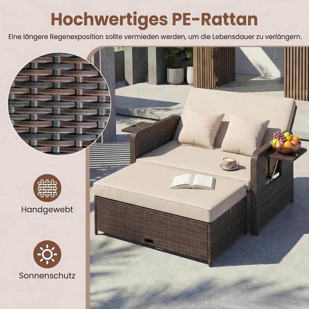 GIANTEX Rattan Lounge Gartenmöbel Set 2-Sitzer mit Doppelliege & Hocker, Outdoor Sofa mit Stauraum, verstellbar für Balkon & Terrasse