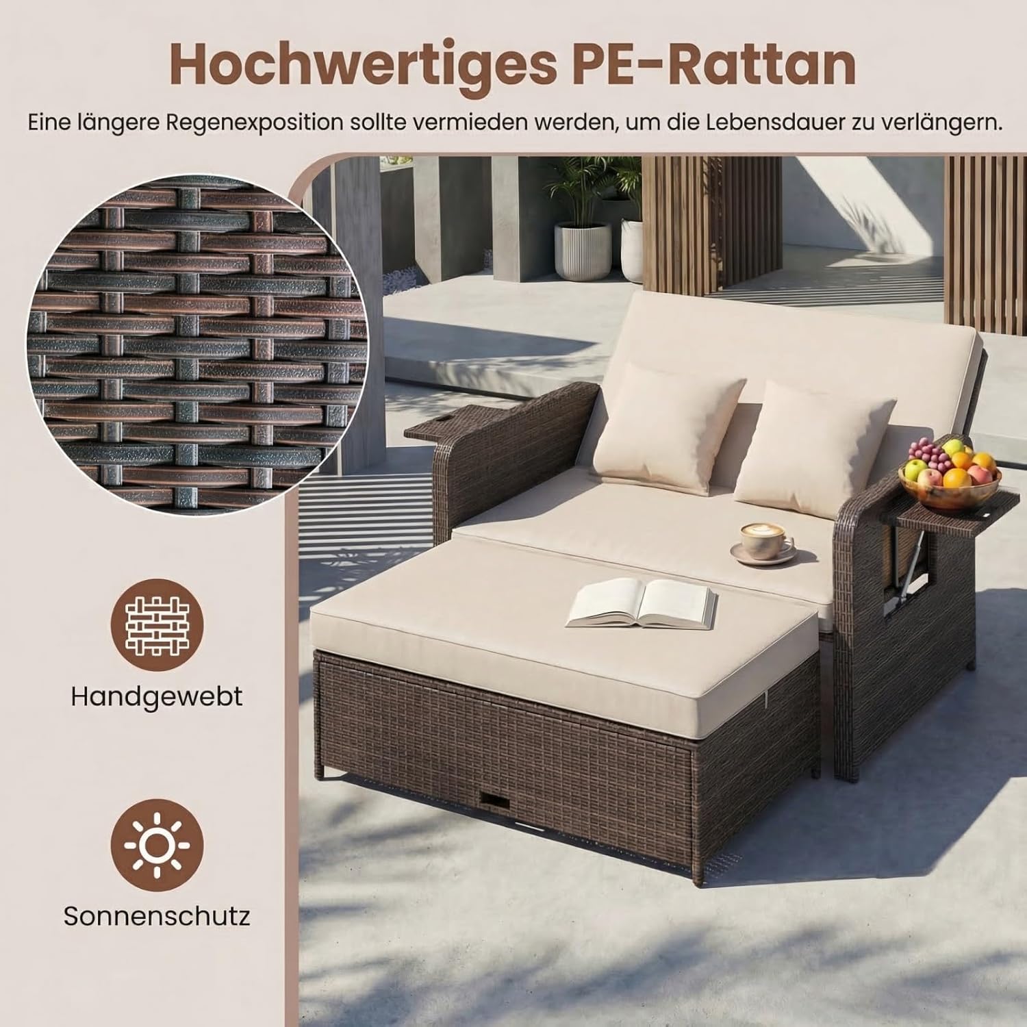 GIANTEX Rattan Lounge Gartenmöbel Set 2-Sitzer mit Doppelliege & Hocker, Outdoor Sofa mit Stauraum, verstellbar für Balkon & Terrasse