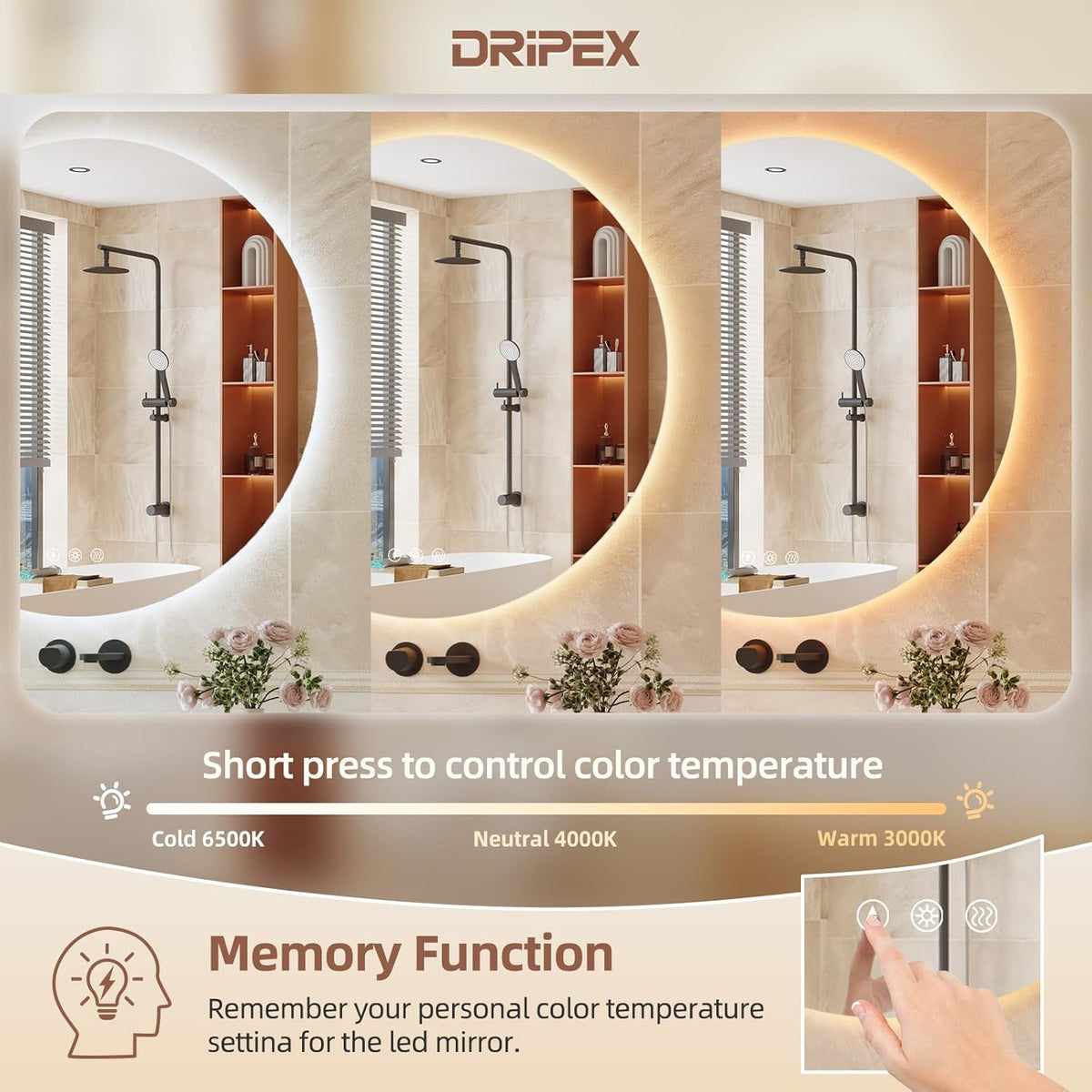 Dripex Badezimmerspiegel Led Badspiegel Rund, Touch-Schalter, Dimmbar, 3 Lichtfarbe Einstellbare Spiegel Bad mit Beleuchtung, LED Wandspiegel mit