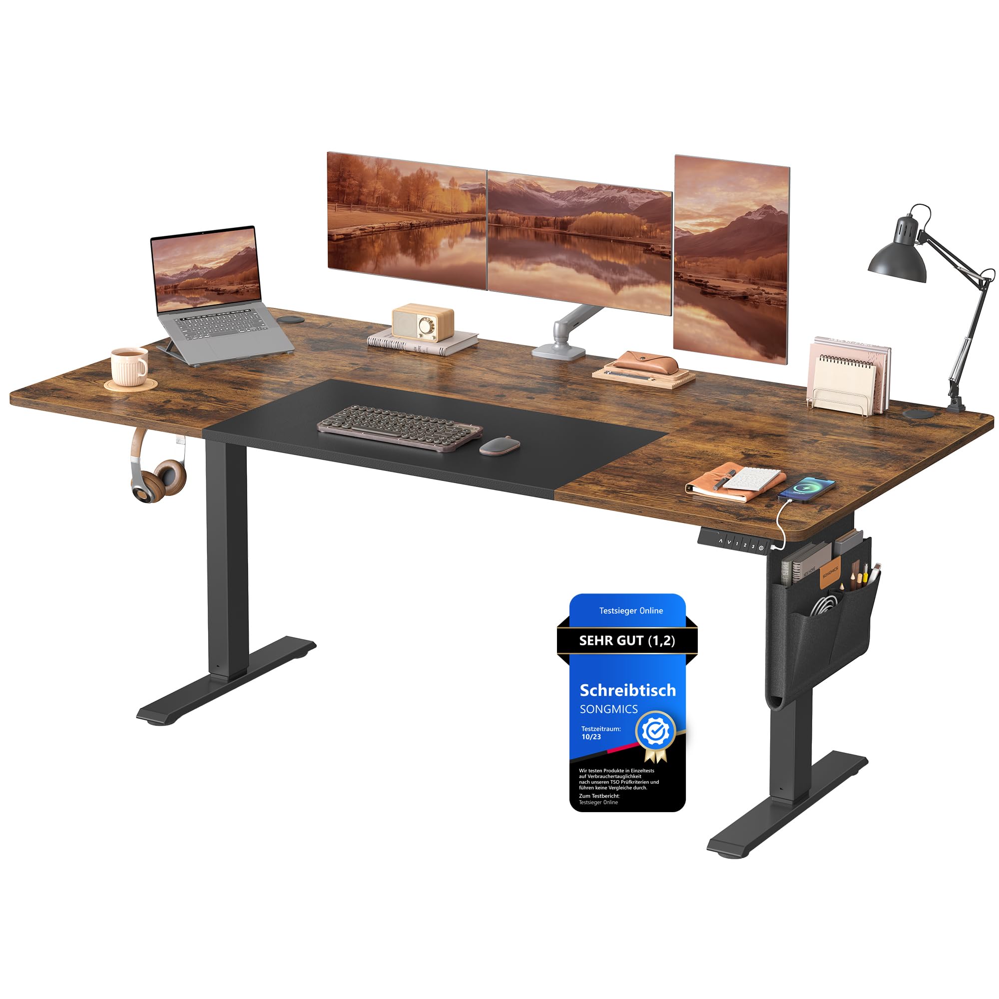 SONGMICS Höhenverstellbarer Schreibtisch 180x80 cm – Elektrischer Sitz-Steh-Schreibtisch mit USB, Organizer & Haken, Vintagebraun