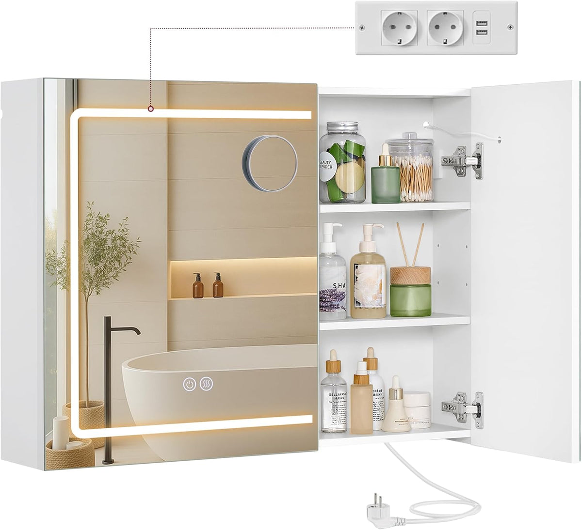 VASAGLE Spiegelschrank mit Beleuchtung, Wandschrank, 16,5 x 80 x 60 cm