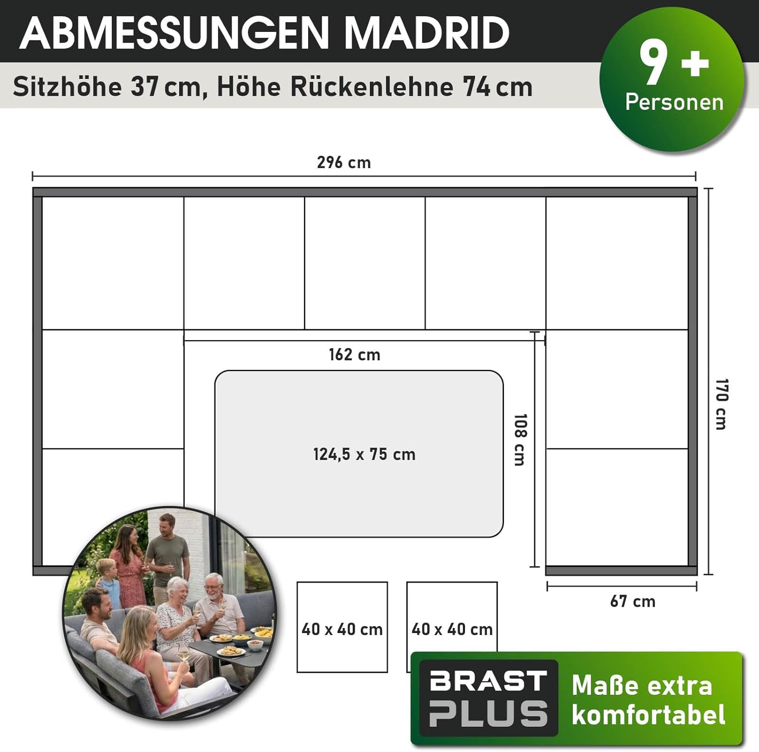 BRAST Madrid Garten Lounge Set 11 Personen Hellgrau – U-Form Outdoor Sitzgruppe mit Esstisch, Sofa & Hockern, Wetterfest