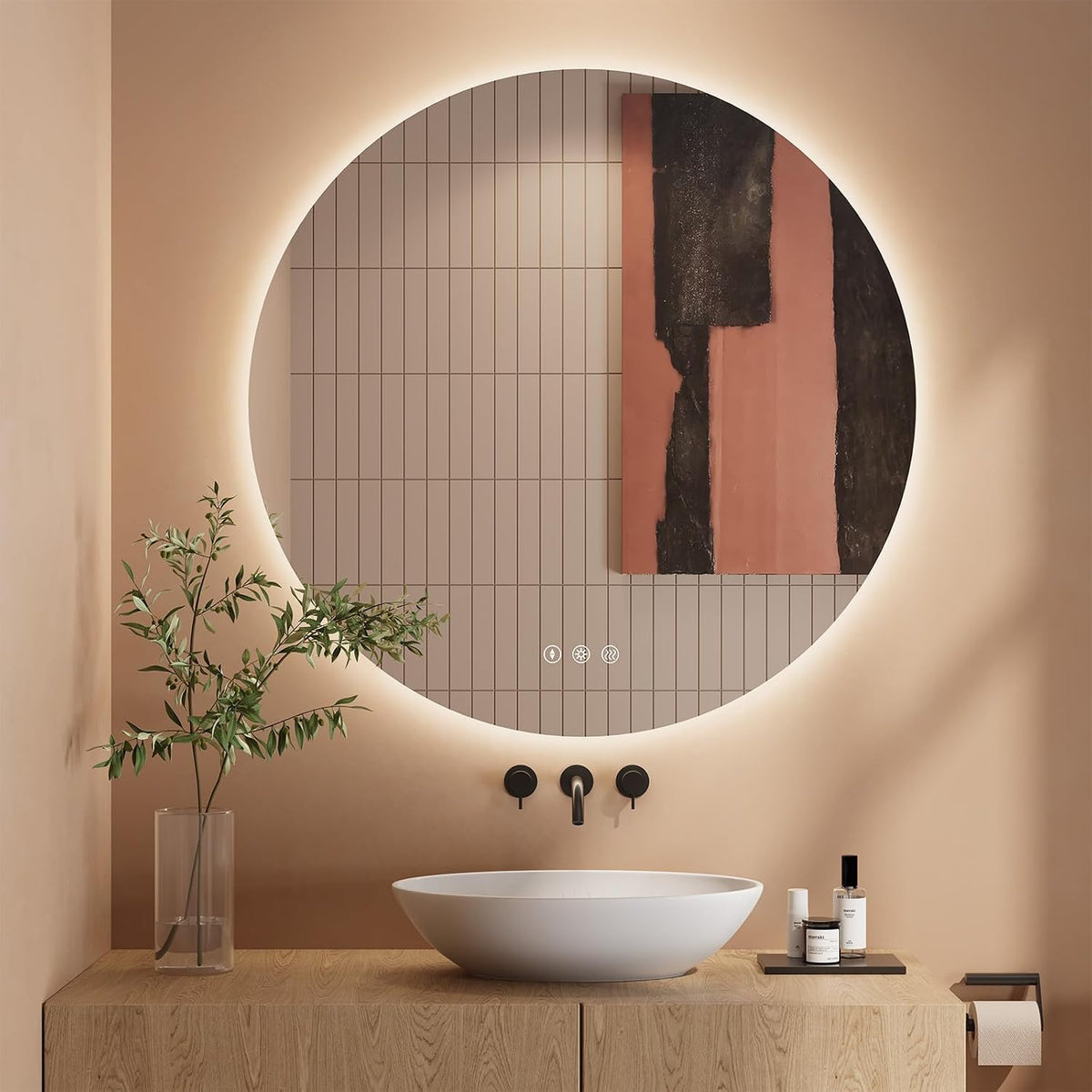 Dripex Badezimmerspiegel Led Badspiegel Rund, Touch-Schalter, Dimmbar, 3 Lichtfarbe Einstellbare Spiegel Bad mit Beleuchtung, LED Wandspiegel mit