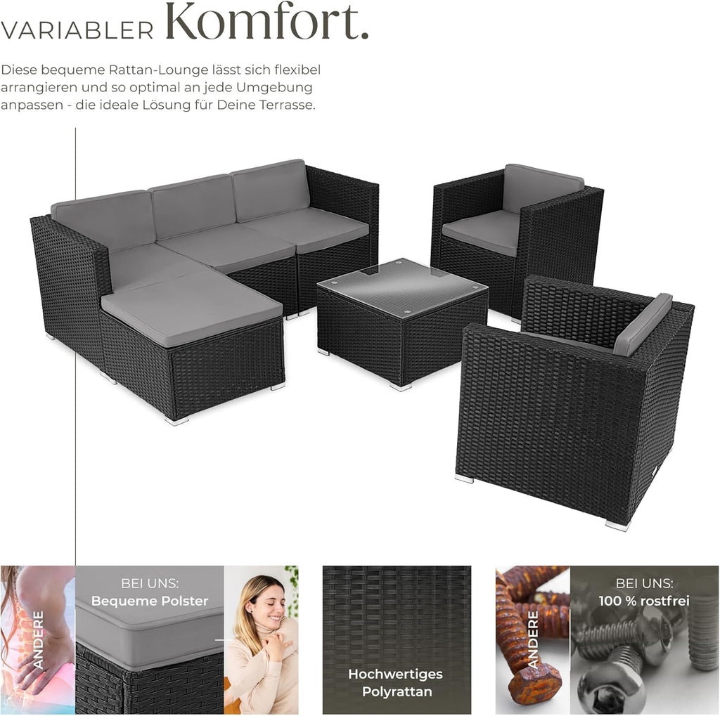 tectake Gartenmöbel Set Poly Rattan mit Sofa, Sesseln, Hocker & Tisch, modulare Gartenlounge wetterfest für Garten, Terrasse & Balkon