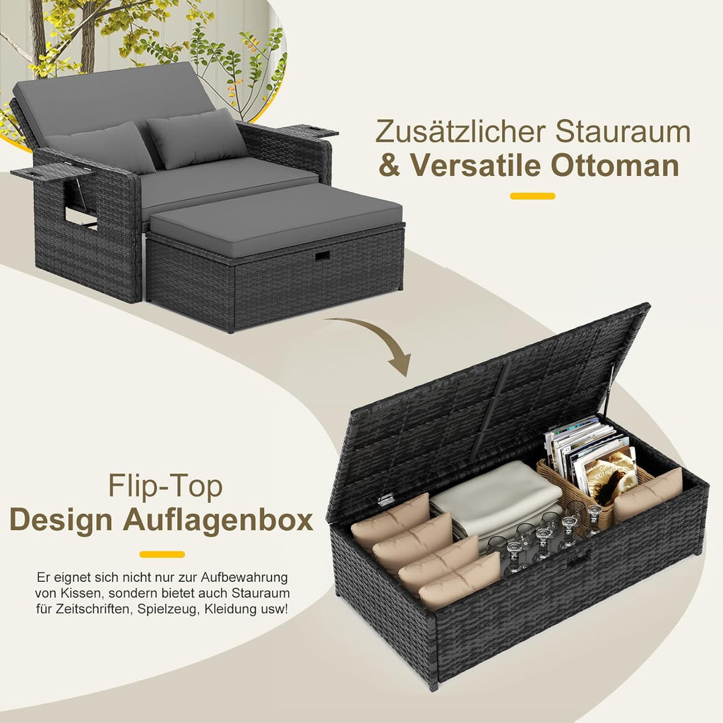 UDPATIO Rattan Lounge Sofa 2-Sitzer Grau mit Hocker & Stauraum, verstellbare Rückenlehne, Gartenmöbel Set aus PE-Rattan für Balkon & Terrasse