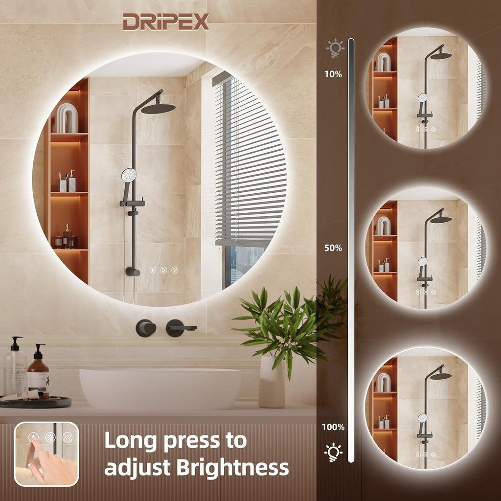 Dripex Badezimmerspiegel Led Badspiegel Rund, Touch-Schalter, Dimmbar, 3 Lichtfarbe Einstellbare Spiegel Bad mit Beleuchtung, LED Wandspiegel mit