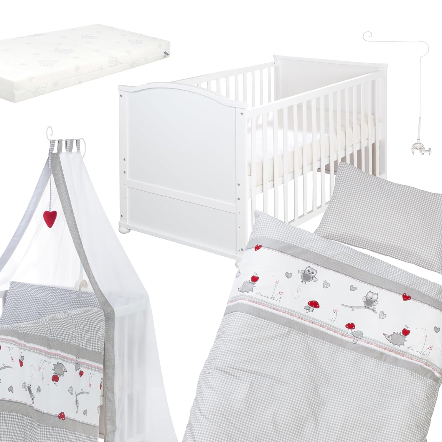 roba Babybett Set 70x140 cm mit Matratze, Bettwäsche & Himmel – Umbaubares Kinderbett zum Juniorbett, höhenverstellbar