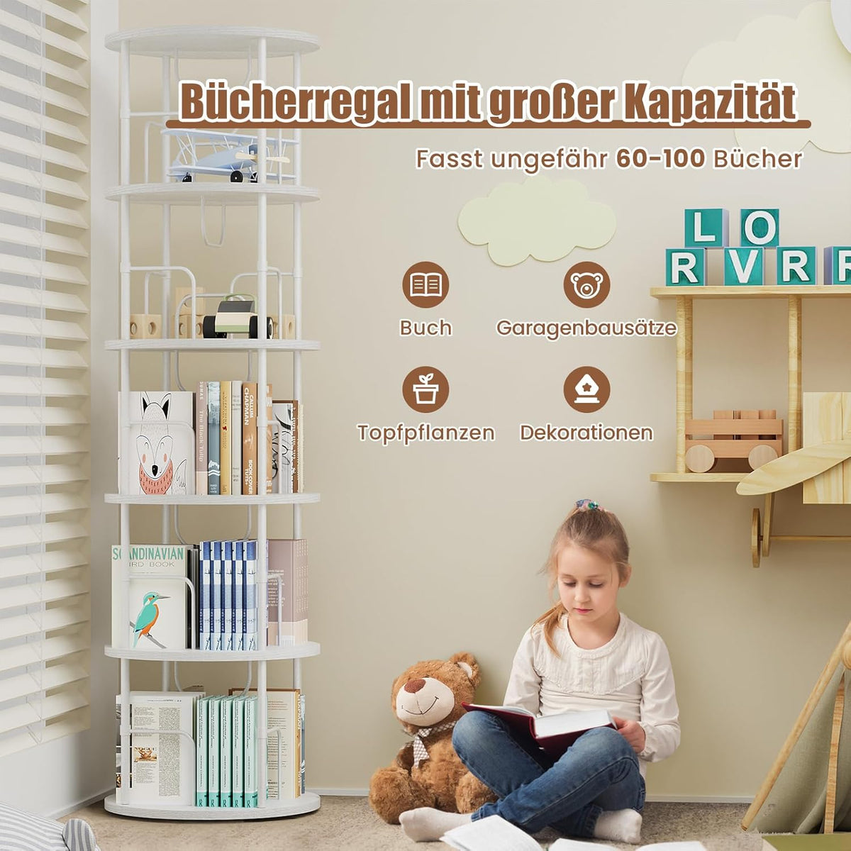 360° drehbares Bücherregal mit 5 Ebenen, Standregal aus MDF & Metall, rundes Regal für bis zu 100 Bücher