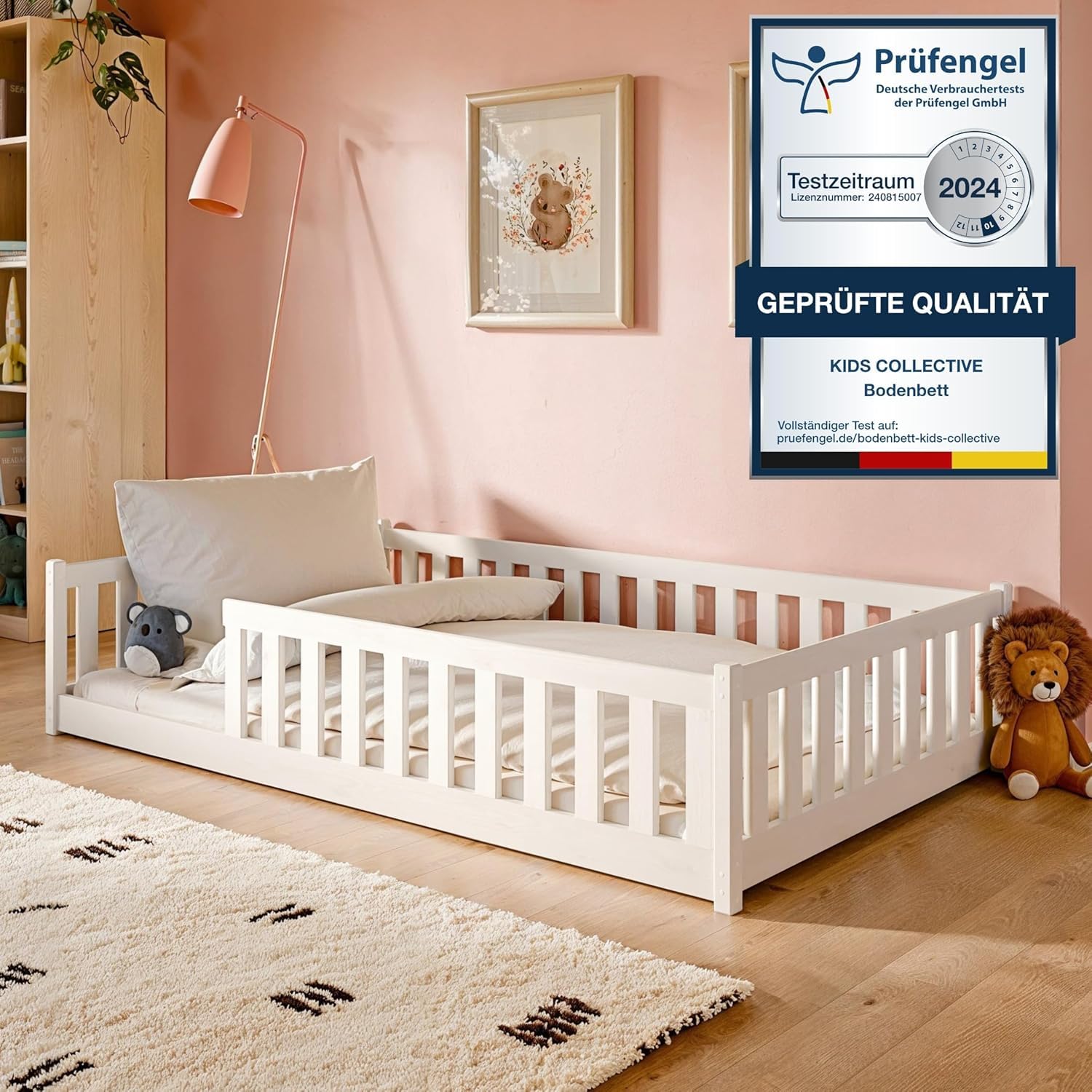 Kids Collective Kinderbett Bodenbett 120x200 cm Bett mit Rausfallschutz & Lattenrost Montessori Bett Bed Gitterbett Kinder Jugendbett Einzelbett |