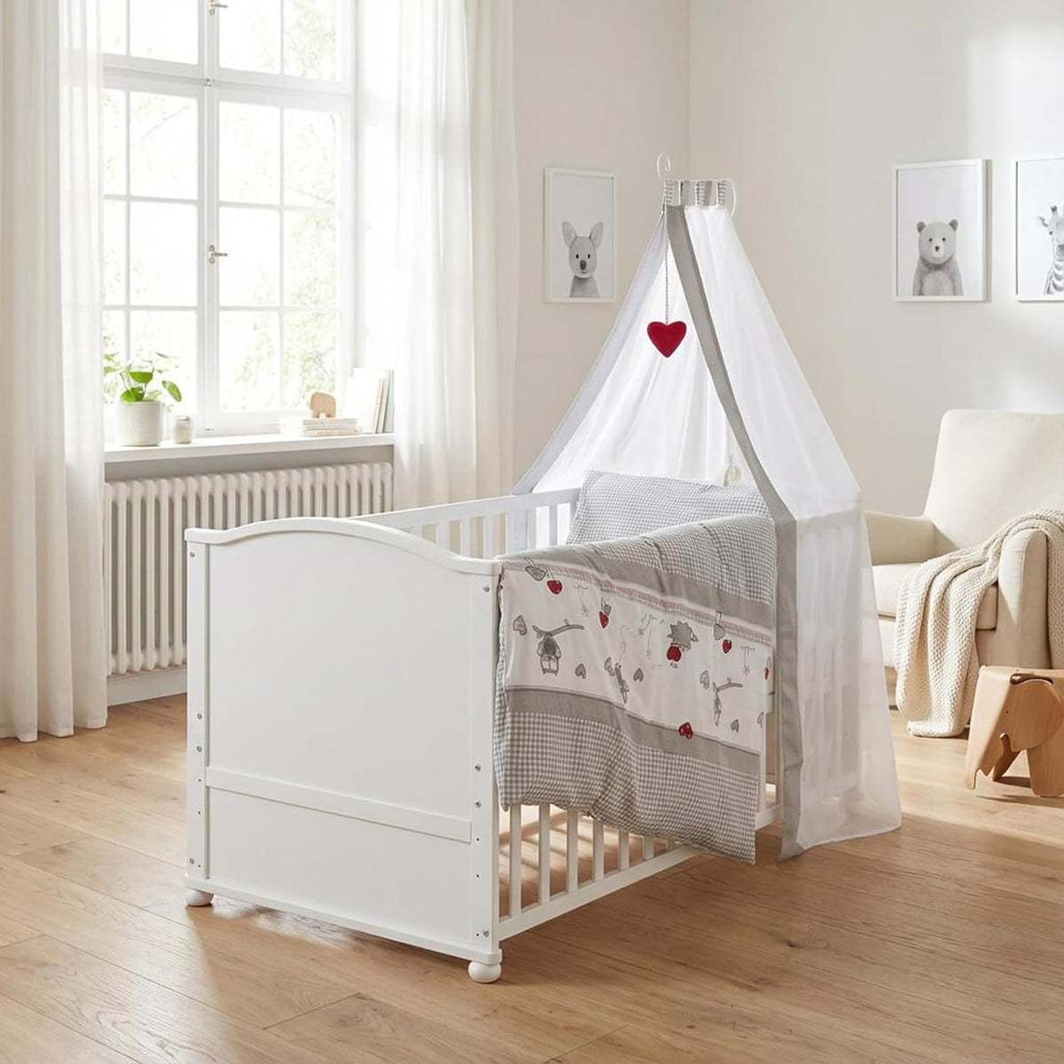 roba Babybett Set 70x140 cm mit Matratze, Bettwäsche & Himmel – Umbaubares Kinderbett zum Juniorbett, höhenverstellbar