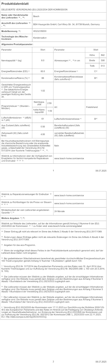 Bosch WQG235D00, Serie 6, Wärmepumpentrockner 8 kg, Schneller getrocknete Wäsche, Auto Dry, Option Halbe Beladung, Sensitive Drying-System