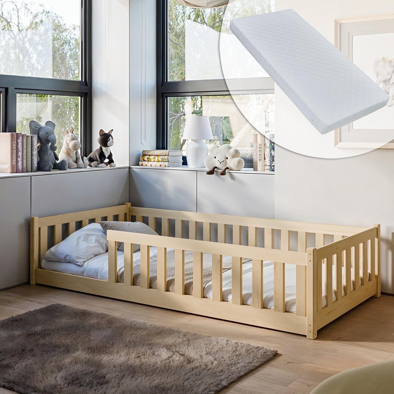 Kids Collective Kinderbett Bodenbett 120x200 cm Bett mit Rausfallschutz & Lattenrost Montessori Bett Bed Gitterbett Kinder Jugendbett Einzelbett |