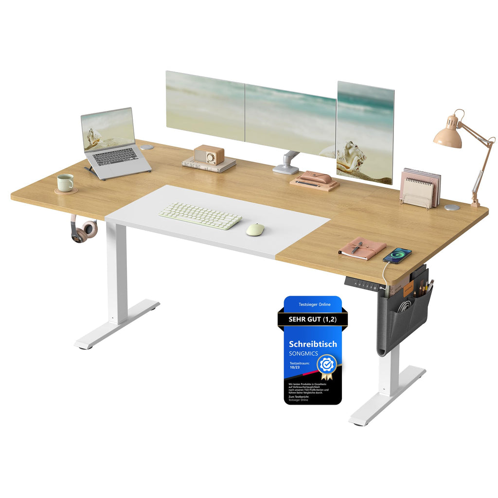 SONGMICS Höhenverstellbarer Schreibtisch 180x80 cm – Elektrischer Sitz-Steh-Schreibtisch mit USB, Organizer & Haken, Vintagebraun