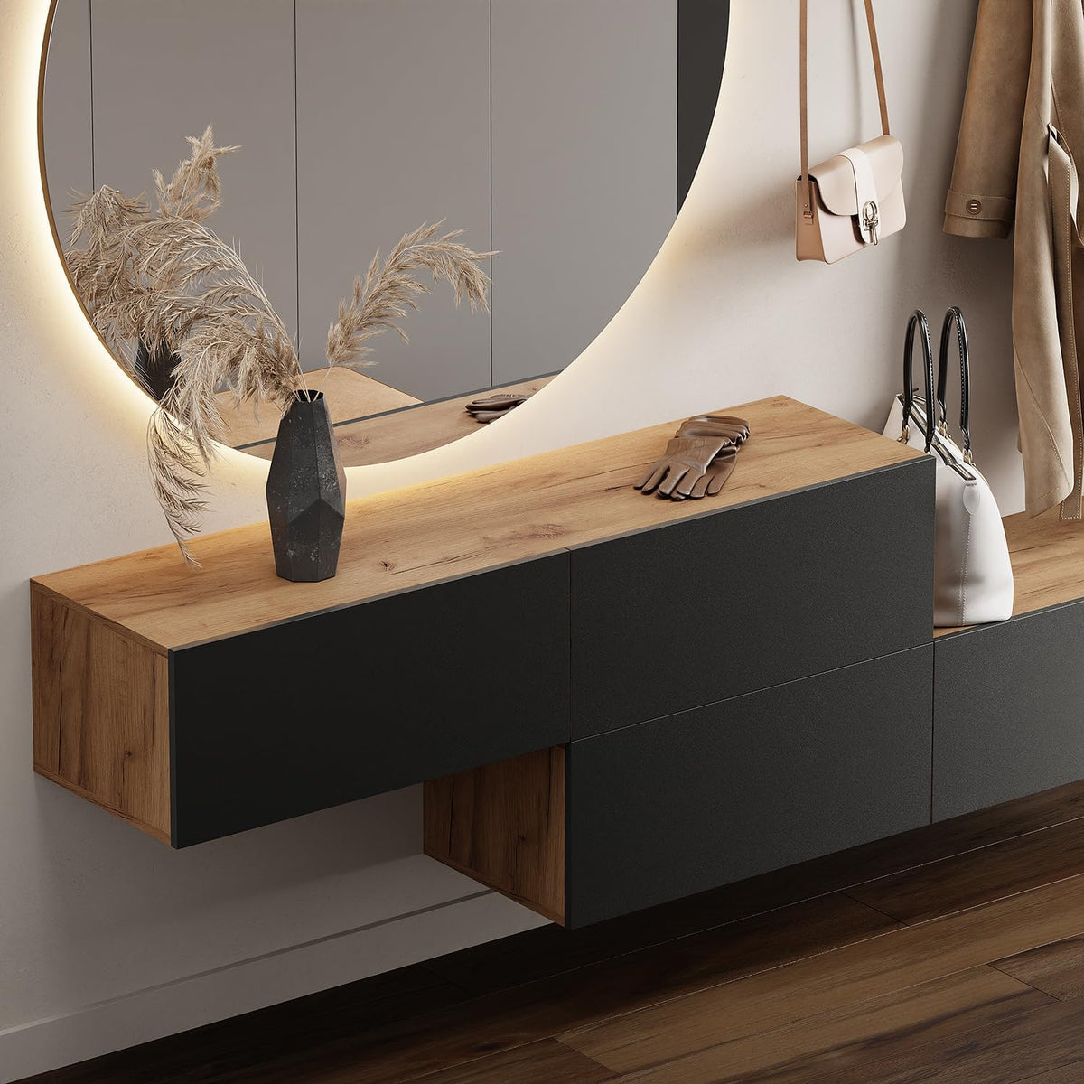 Planetmöbel Garderobe Flur mit Stauraum, Wandgarderobe mit 2 Klappen, Dielenschrank aus Holzwerkstoff Gold Eiche/Anthrazit