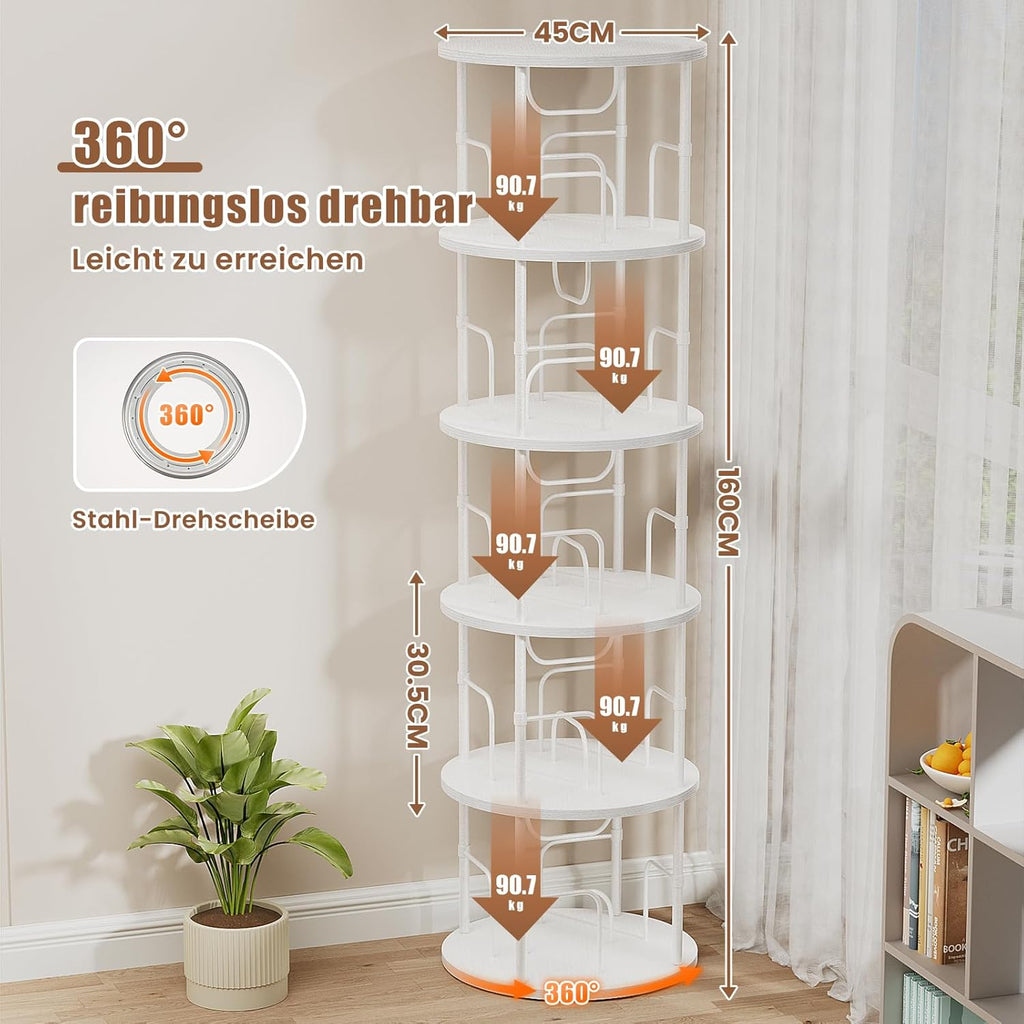 360° drehbares Bücherregal mit 5 Ebenen, Standregal aus MDF & Metall, rundes Regal für bis zu 100 Bücher