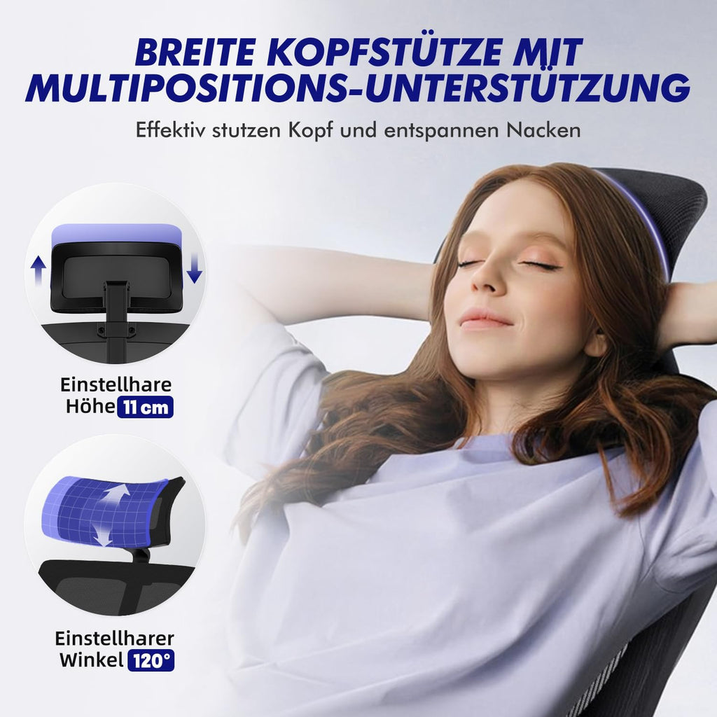 Daccormax Bürostuhl, Bürostuhl Ergonomisch Schreibtischstuhl mit Verstellbaren Armlehnen, Kopfstütze und weiche Lendenstütze aus Naturschwamm