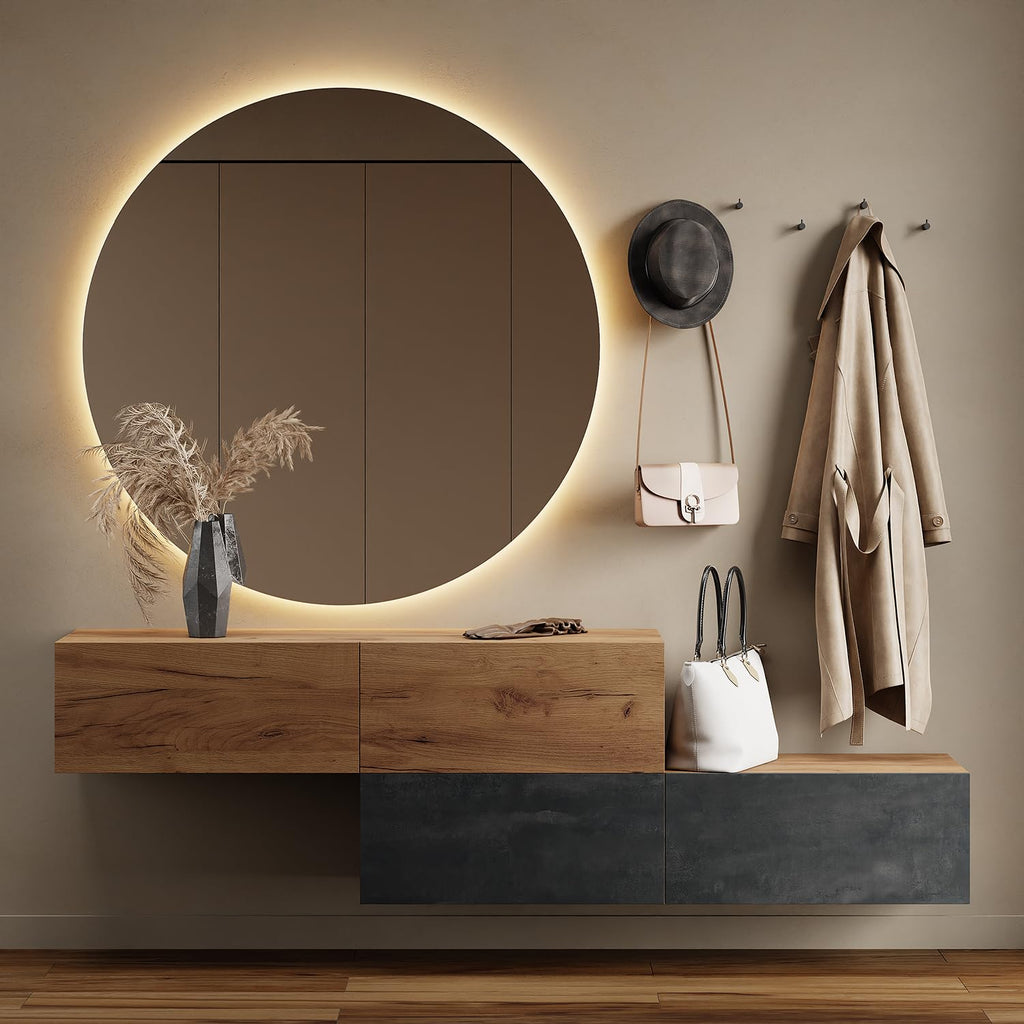 Planetmöbel Garderobe Flur mit Stauraum, Wandgarderobe mit 2 Klappen, Dielenschrank aus Holzwerkstoff Gold Eiche/Anthrazit