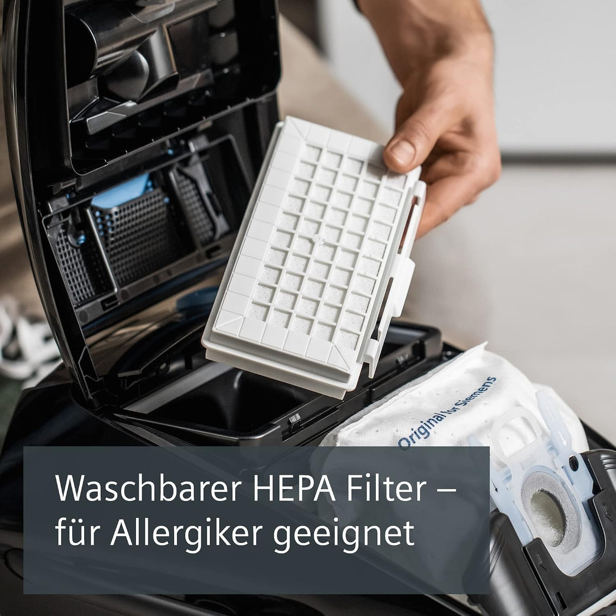Siemens Staubsauger mit Beutel Q5.0 extreme silencePower VSQ5X1230, ideal für Allergiker, Hygiene-Filter, starke Saugleistung, Bodendüse für Parkett