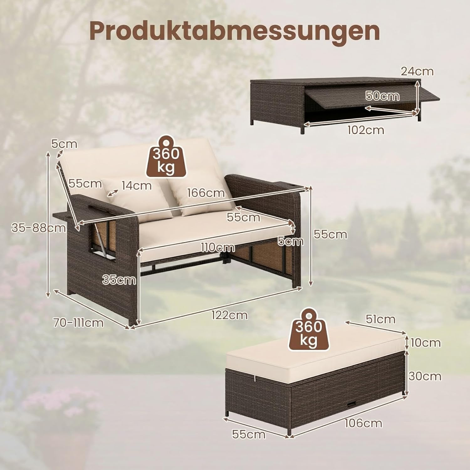 GIANTEX Rattan Lounge Gartenmöbel Set 2-Sitzer mit Doppelliege & Hocker, Outdoor Sofa mit Stauraum, verstellbar für Balkon & Terrasse
