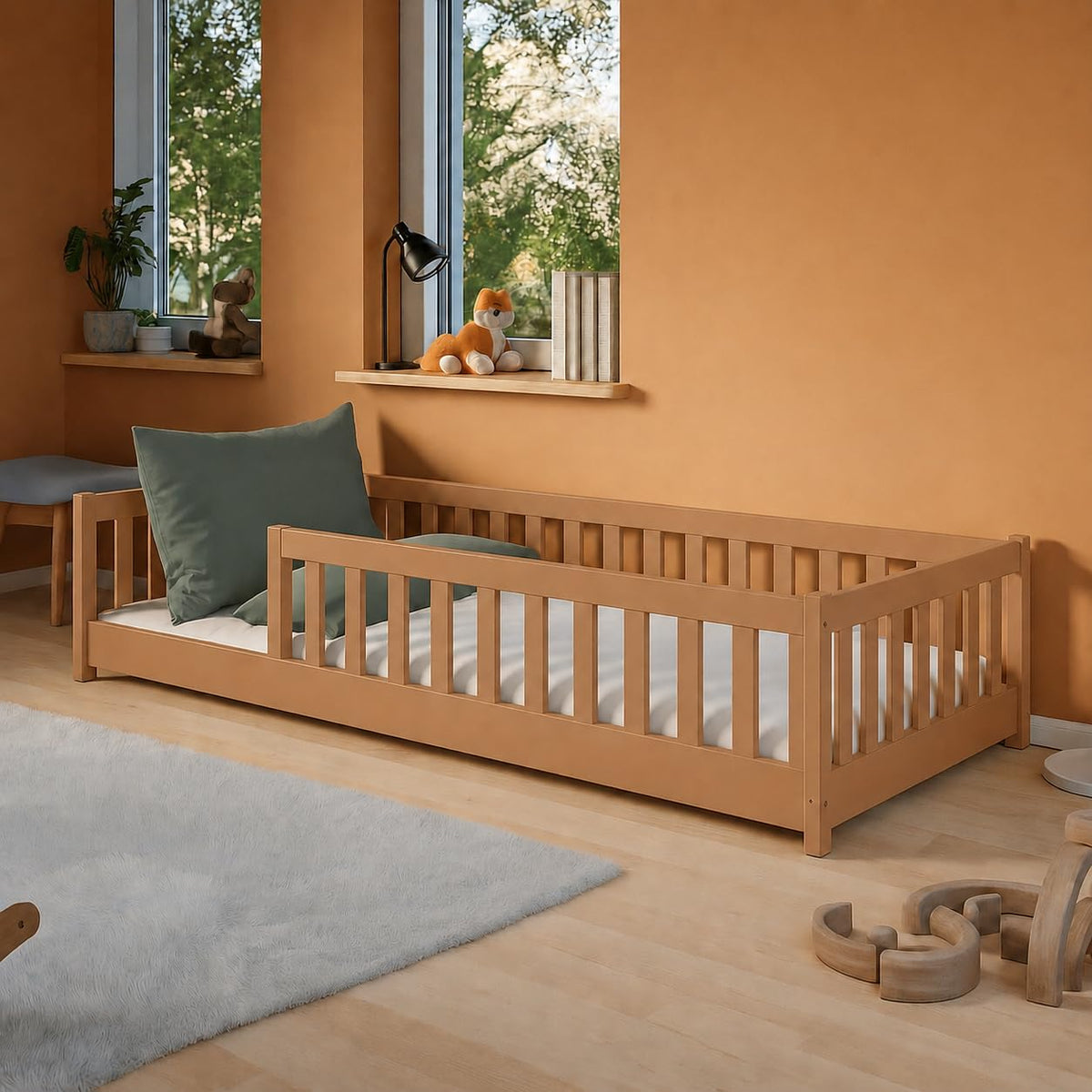 Kids Collective Kinderbett Bodenbett 120x200 cm Bett mit Rausfallschutz & Lattenrost Montessori Bett Bed Gitterbett Kinder Jugendbett Einzelbett |