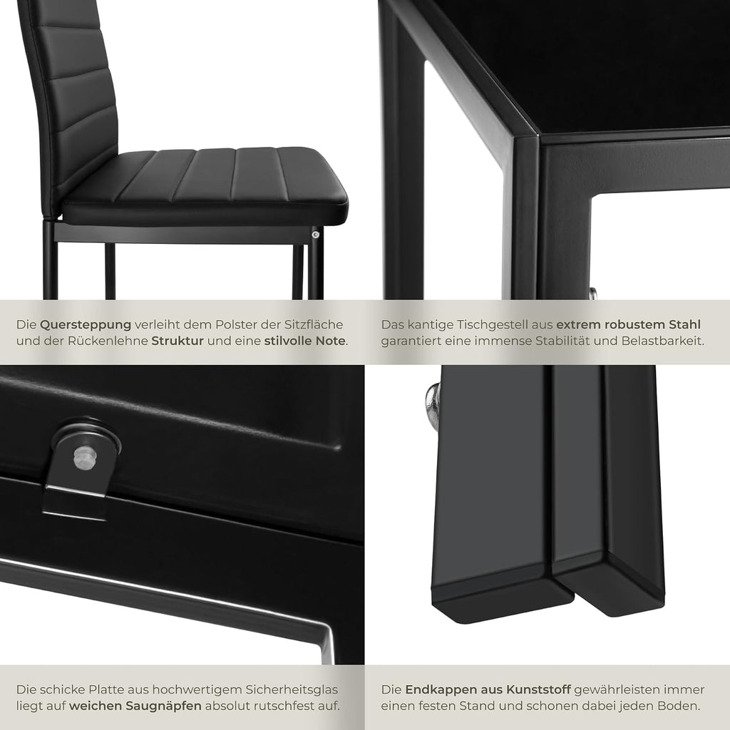 tectake Essgruppe Set Tisch und Stühle, Esstisch und 4X Stuhl, strapazierfähiges Kunstleder, Tischplatte aus Sicherheitsglas, Küchenstühle modern