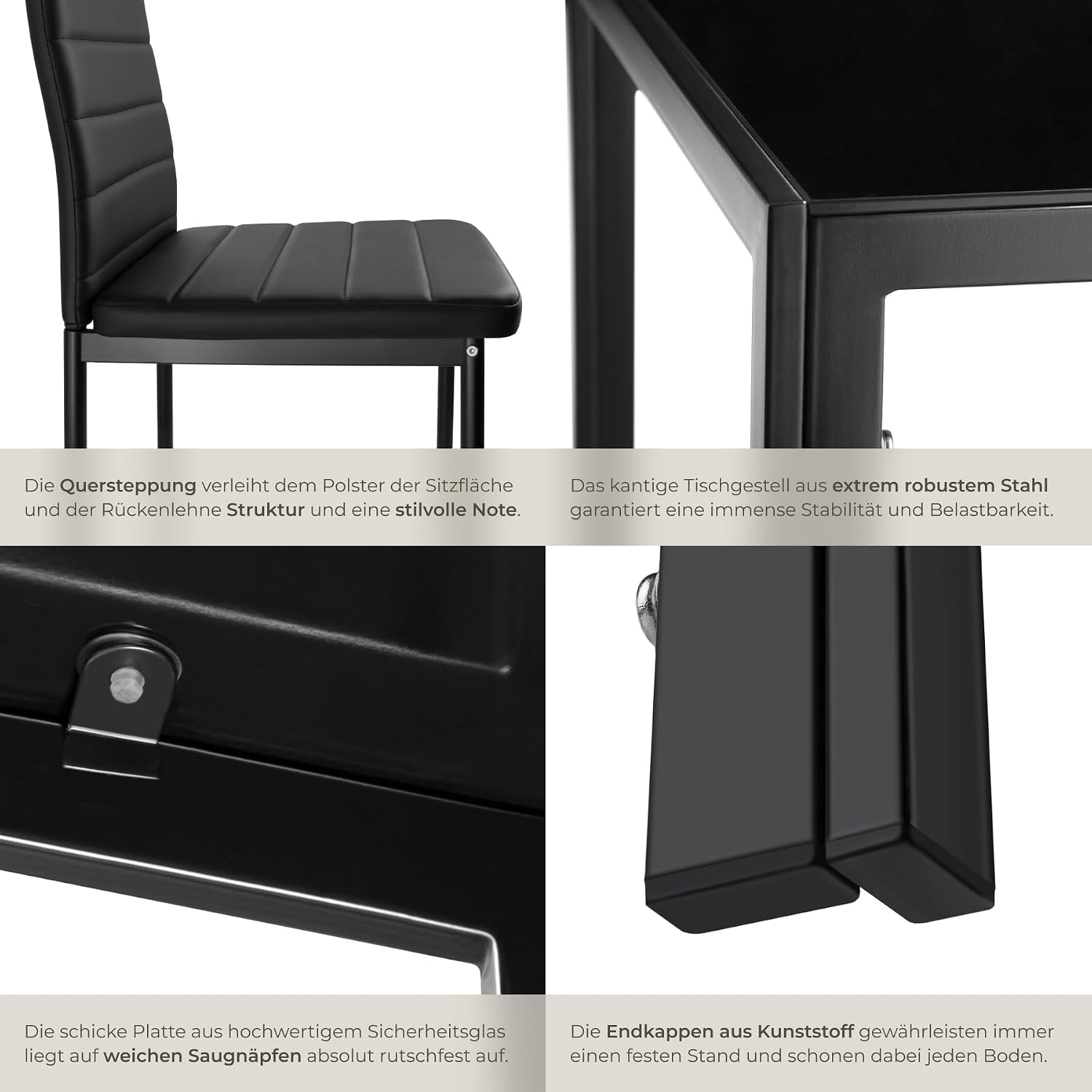 tectake Essgruppe Set Tisch und Stühle, Esstisch und 4X Stuhl, strapazierfähiges Kunstleder, Tischplatte aus Sicherheitsglas, Küchenstühle modern