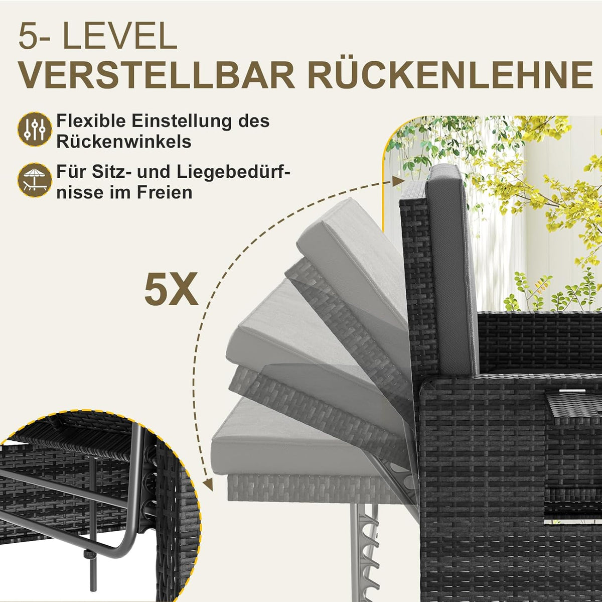 UDPATIO Rattan Lounge Sofa 2-Sitzer Grau mit Hocker & Stauraum, verstellbare Rückenlehne, Gartenmöbel Set aus PE-Rattan für Balkon & Terrasse