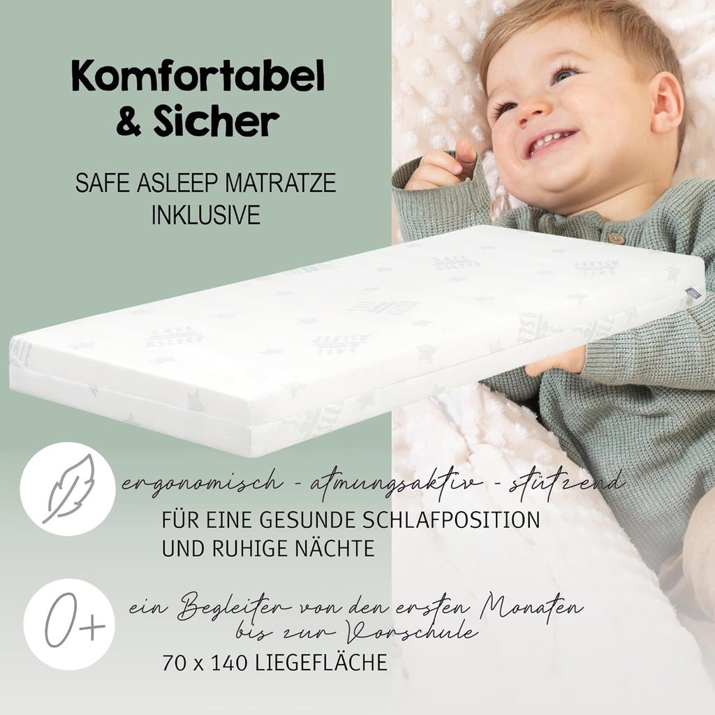 roba Babybett Set 70x140 cm mit Matratze, Bettwäsche & Himmel – Umbaubares Kinderbett zum Juniorbett, höhenverstellbar