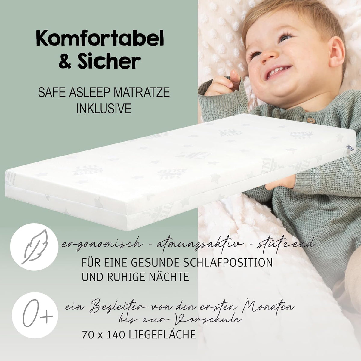 roba Babybett Set 70x140 cm mit Matratze, Bettwäsche & Himmel – Umbaubares Kinderbett zum Juniorbett, höhenverstellbar