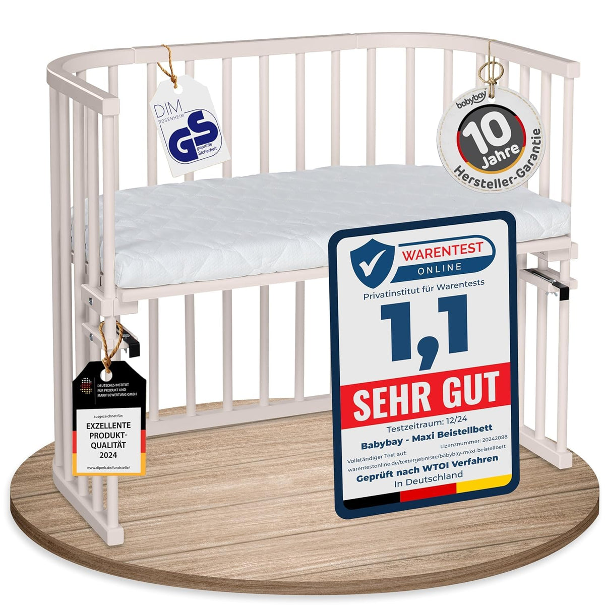 babybay Original Beistellbett aus massivem Buchenholz mit Matratze, höhenverstellbares Babybett für Neugeborene