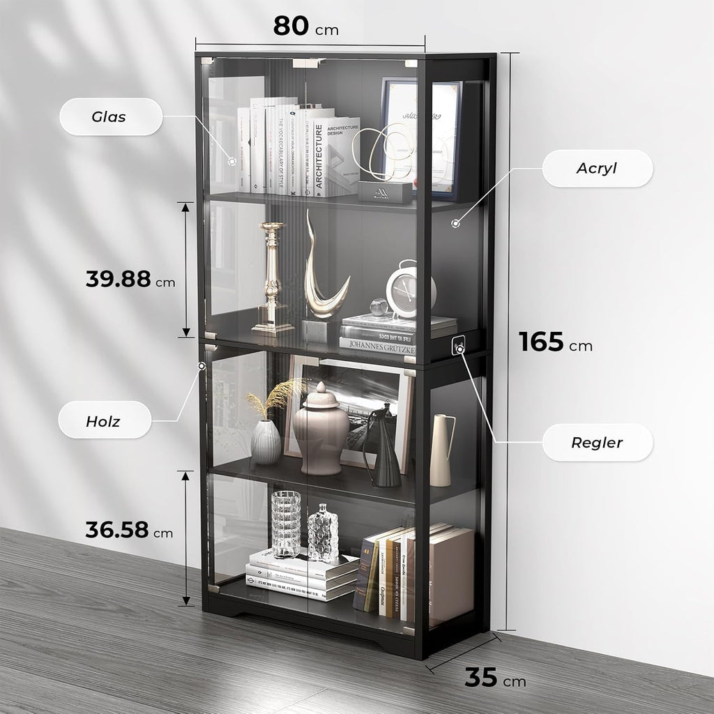 BROTTAR Beleuchtete Glasvitrine mit LED Sensor, moderner Vitrinenschrank & Standvitrine, 4 Etagen Sicherheitsglas Vitrine für Lego, Figuren und