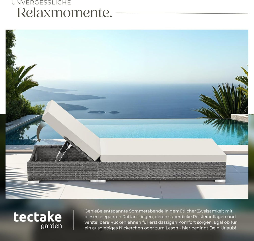 tectake 2er Gartenliegen Set mit Tisch – Polyrattan Sonnenliegen aus Aluminium, 5-fach verstellbar, mit Schutzhüllen