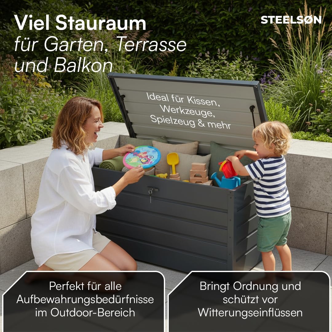 STEELSØN Dorado Gartenbox Metall Anthrazit – Wasserdichte Auflagenbox abschließbar mit Deckel & Gasdruckfeder