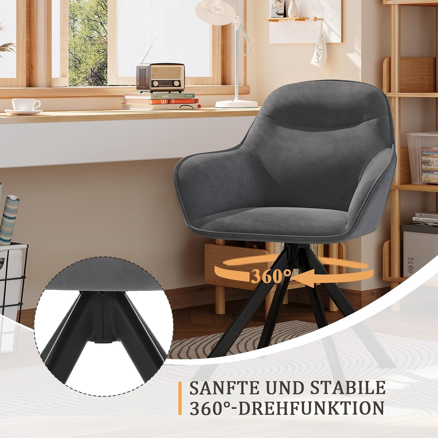 6er Set Esszimmerstühle Drehbar mit Armlehne, 360° Drehstuhl Polsterstuhl Samt Modern Küchenstuhl mit Metallbeine für Esszimmer, Wohnzimmer, Büro