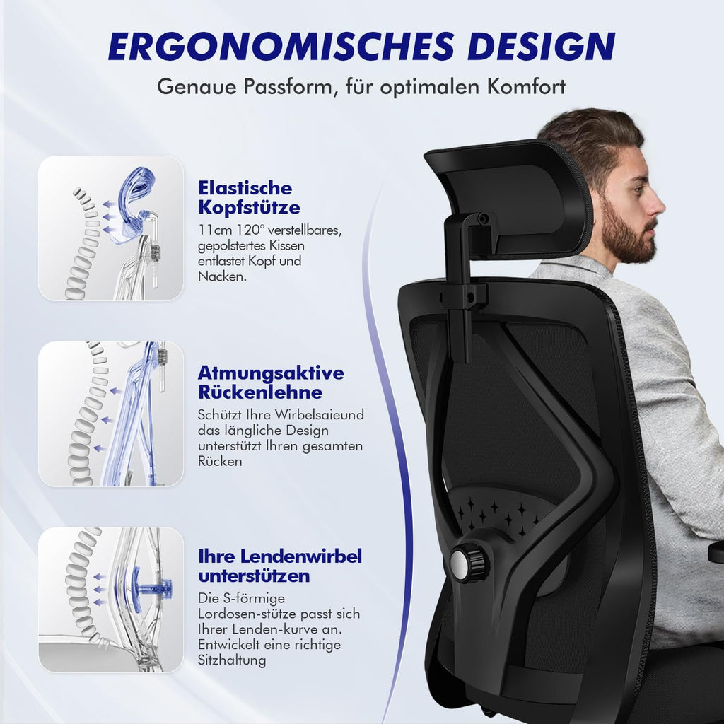 Daccormax Bürostuhl, Bürostuhl Ergonomisch Schreibtischstuhl mit Verstellbaren Armlehnen, Kopfstütze und weiche Lendenstütze aus Naturschwamm