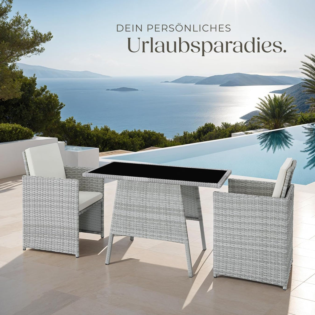 tectake Poly Rattan Balkonmöbel Set für 2 Personen Hellgrau – 2 Sessel & Tisch, Platzsparende Gartenlounge mit Kissen