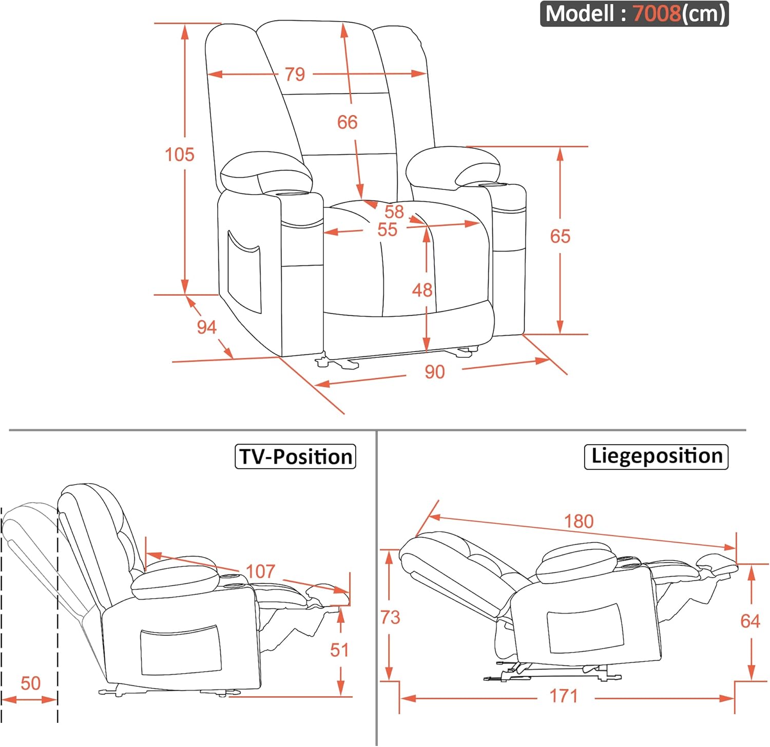 M MCombo Elektrischer Fernsehsessel Relaxsessel mit Liegefunktion, Massage & Wärme, USB-Anschluss, verstellbarer TV Sessel für Wohnzimmer