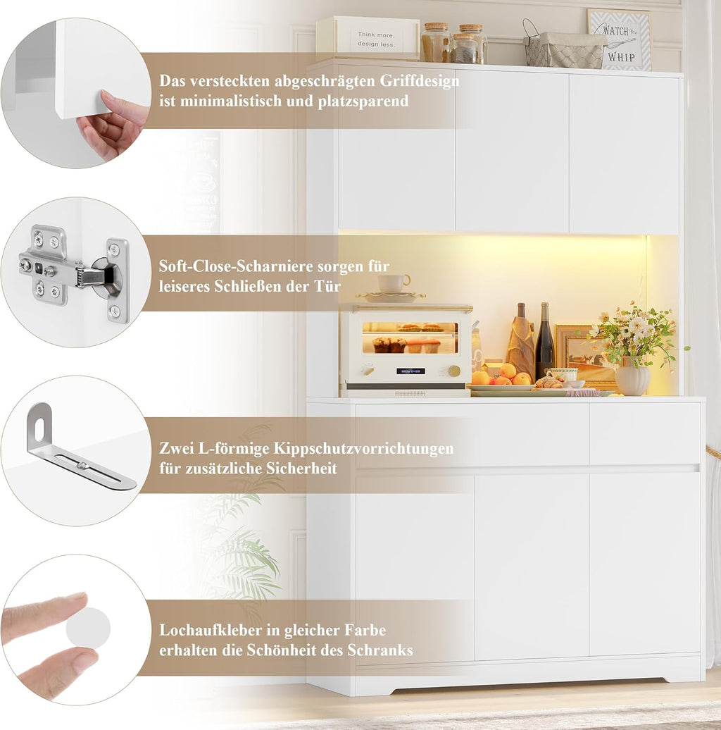 FirFurd Küchenschrank Buffetschrank Weiß 180x100x38,5 cm – Sideboard mit LED, Steckdose, Arbeitsplatte, Türen & Schubladen