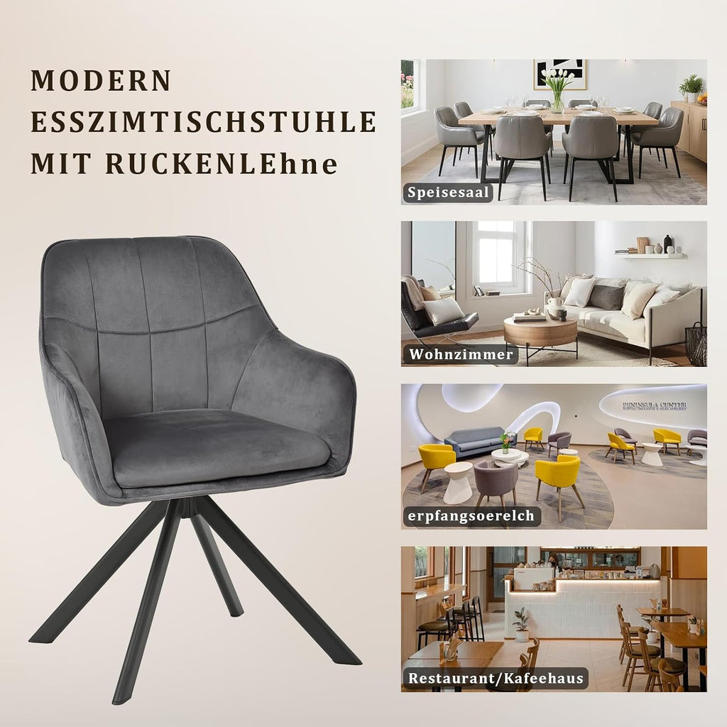 Esszimmerstühle drehbar 4er Set Grau Armlehnenstuhl Polsterstuhl drehstuhl Esszimmer drehstühle aus Samt Küchenstuhl mit Metallbeine für Wohnzimmer