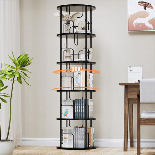 360° drehbares Bücherregal mit 5 Ebenen, Standregal aus MDF & Metall, rundes Regal für bis zu 100 Bücher